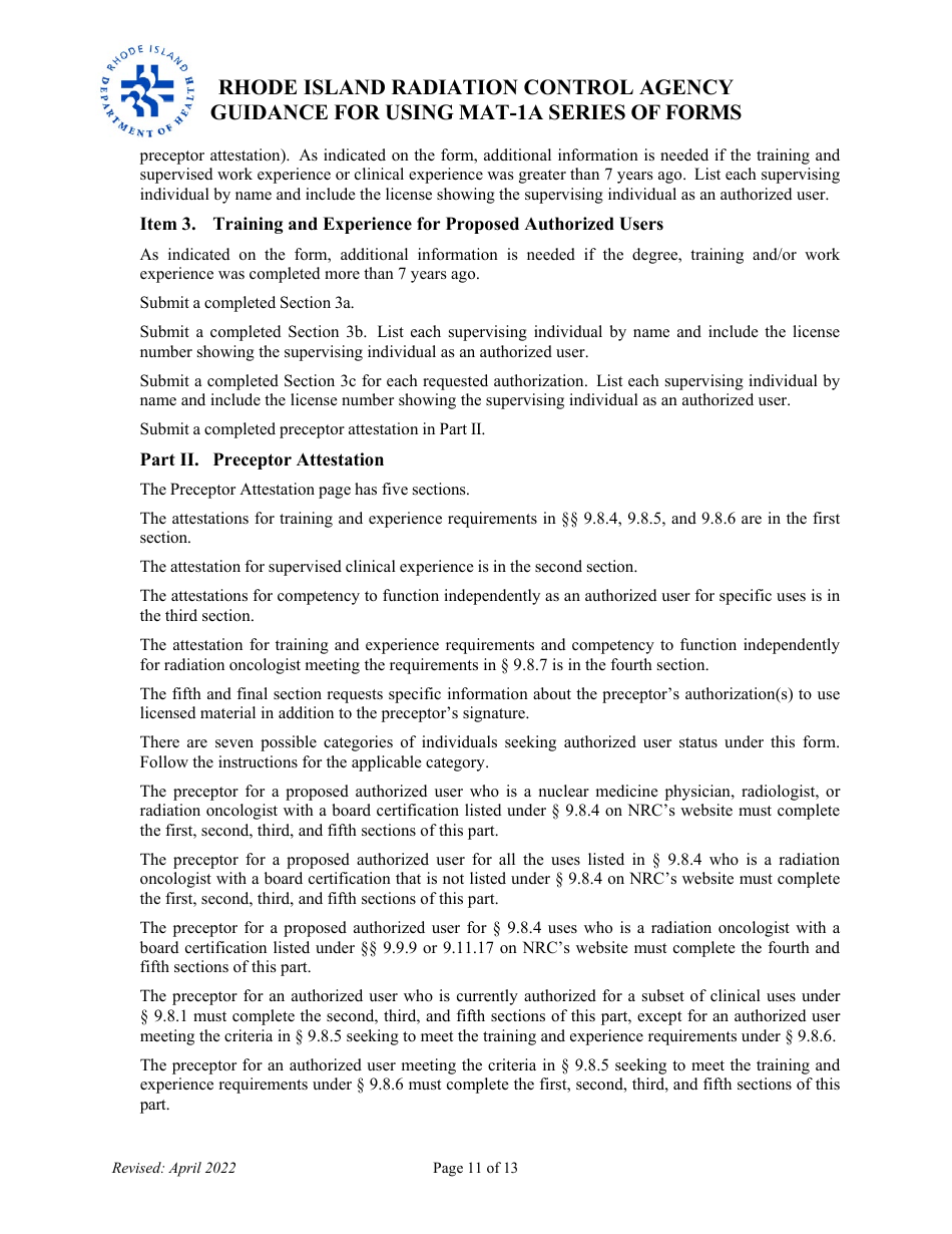 Instructions for Form MAT-1A Application for Radioactive Materials License - Rhode Island, Page 11