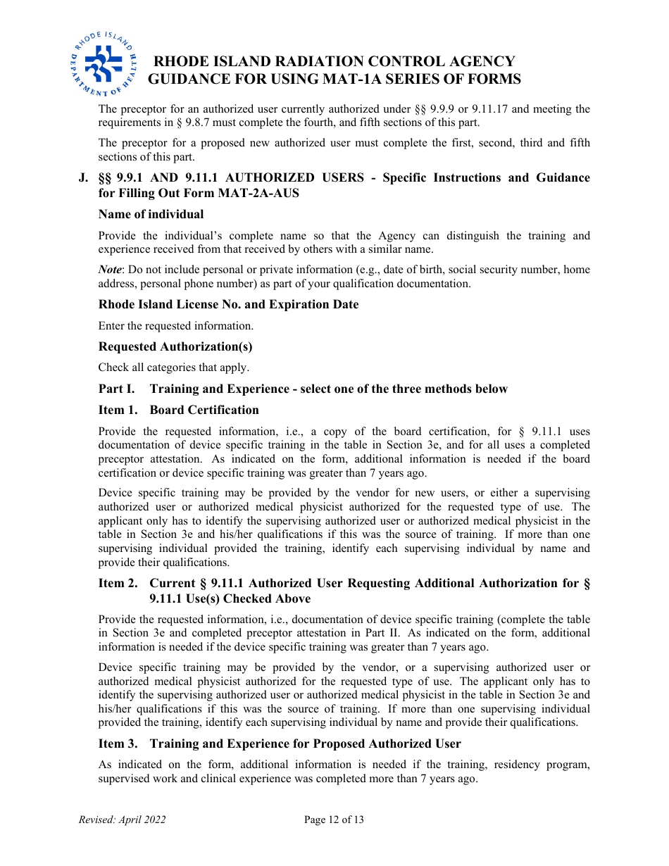 Instructions for Form MAT-1A Application for Radioactive Materials License - Rhode Island, Page 12