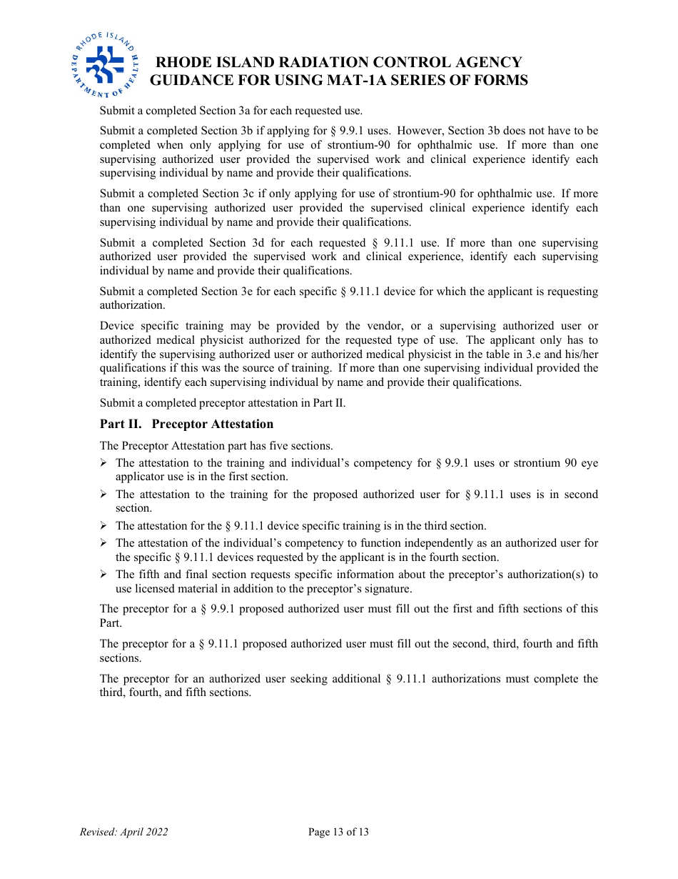 Instructions for Form MAT-1A Application for Radioactive Materials License - Rhode Island, Page 13