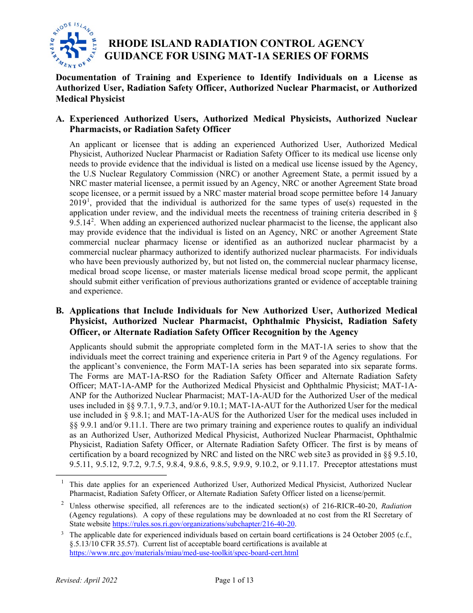 Instructions for Form MAT-1A Application for Radioactive Materials License - Rhode Island, Page 1