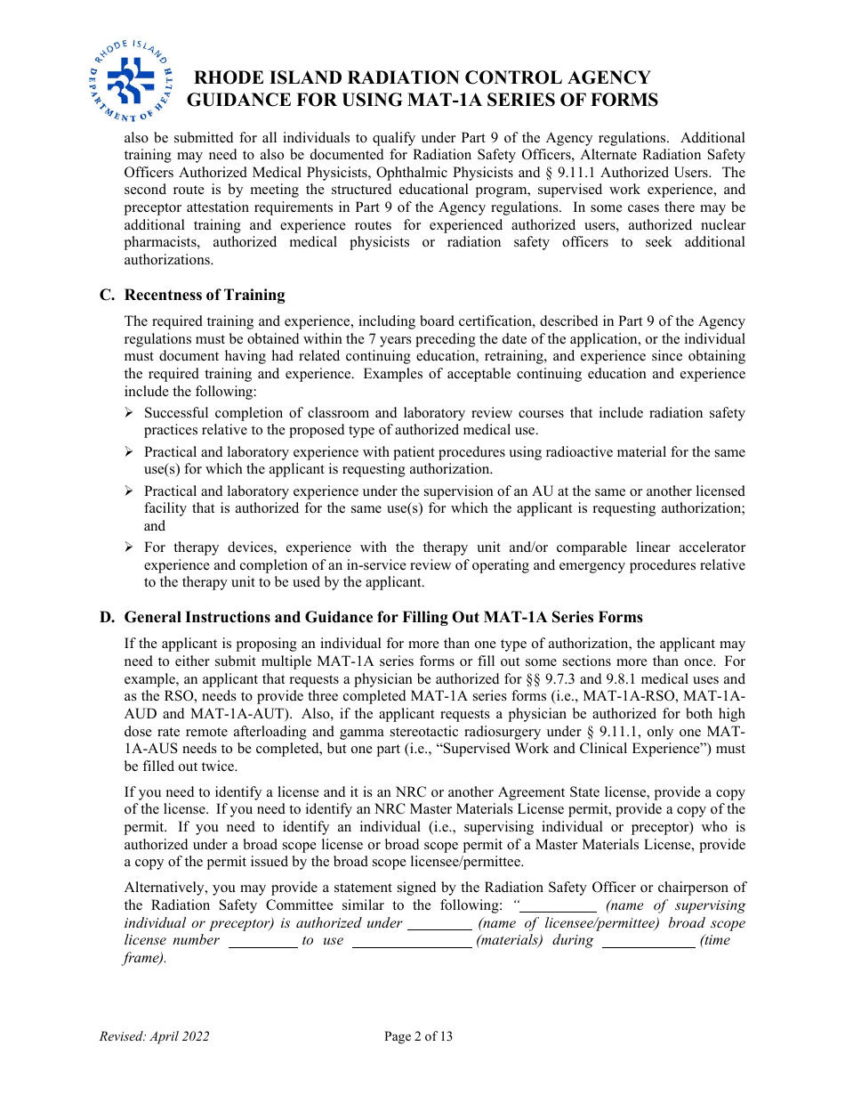 Instructions for Form MAT-1A Application for Radioactive Materials License - Rhode Island, Page 2