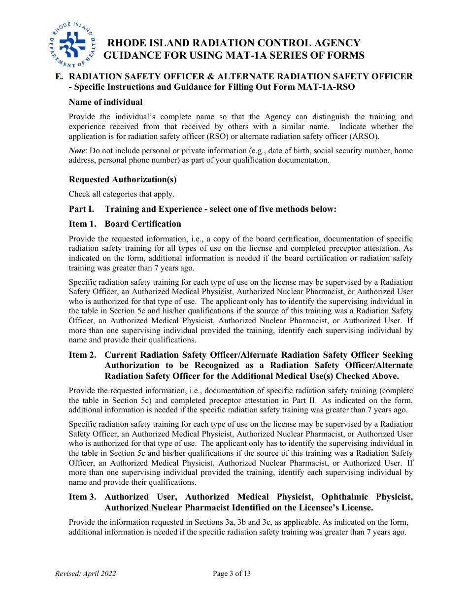 Instructions for Form MAT-1A Application for Radioactive Materials License - Rhode Island, Page 3