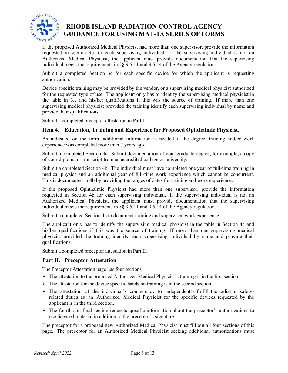 Instructions for Form MAT-1A Application for Radioactive Materials License - Rhode Island, Page 6