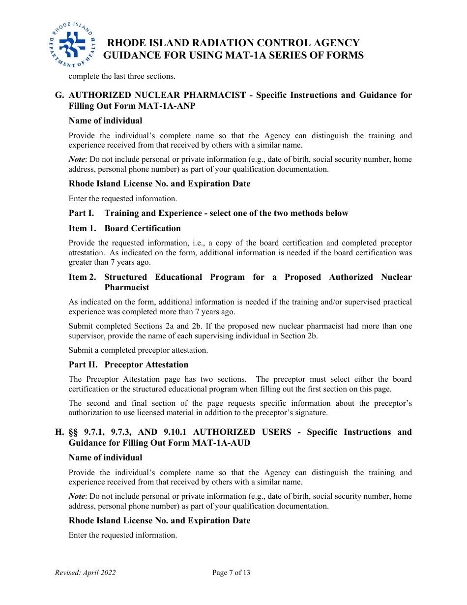 Instructions for Form MAT-1A Application for Radioactive Materials License - Rhode Island, Page 7