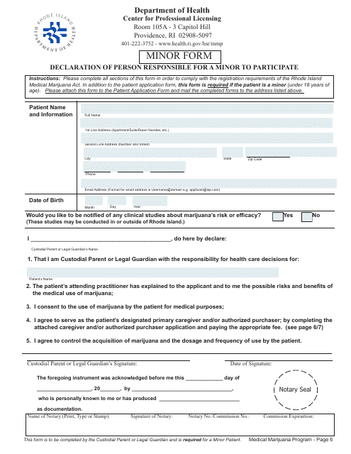 Declaration of Person Responsible for a Minor to Participate - Minor Form - Rhode Island Download Pdf