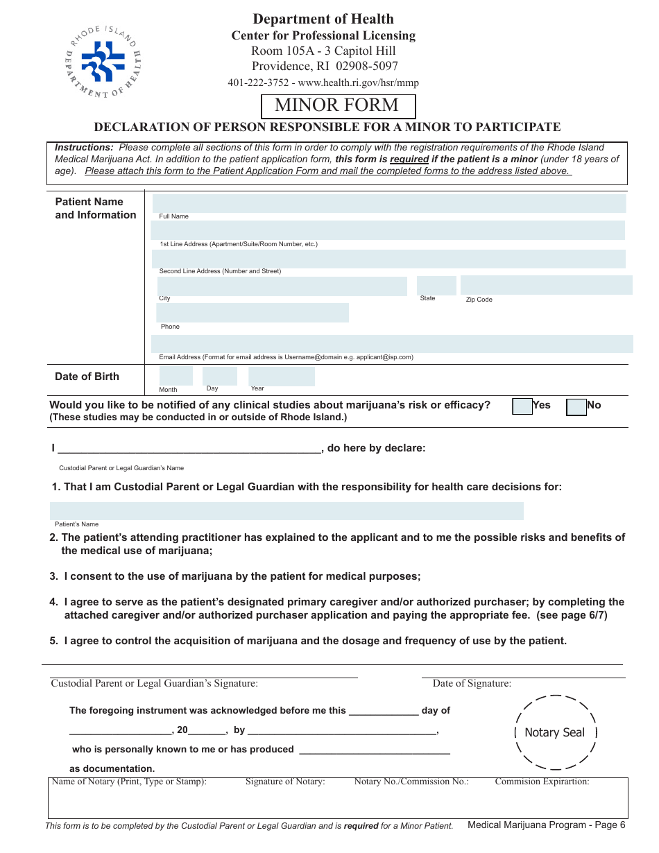 Declaration of Person Responsible for a Minor to Participate - Minor Form - Rhode Island, Page 1