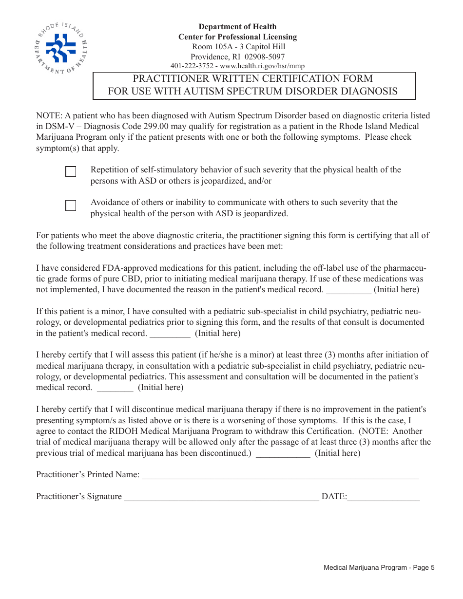 Practitioner Written Certification Form for Use With Autism Spectrum Disorder Diagnosis - Rhode Island, Page 1