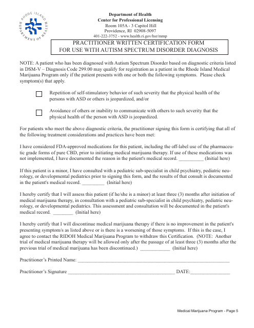 Practitioner Written Certification Form for Use With Autism Spectrum Disorder Diagnosis - Rhode Island Download Pdf