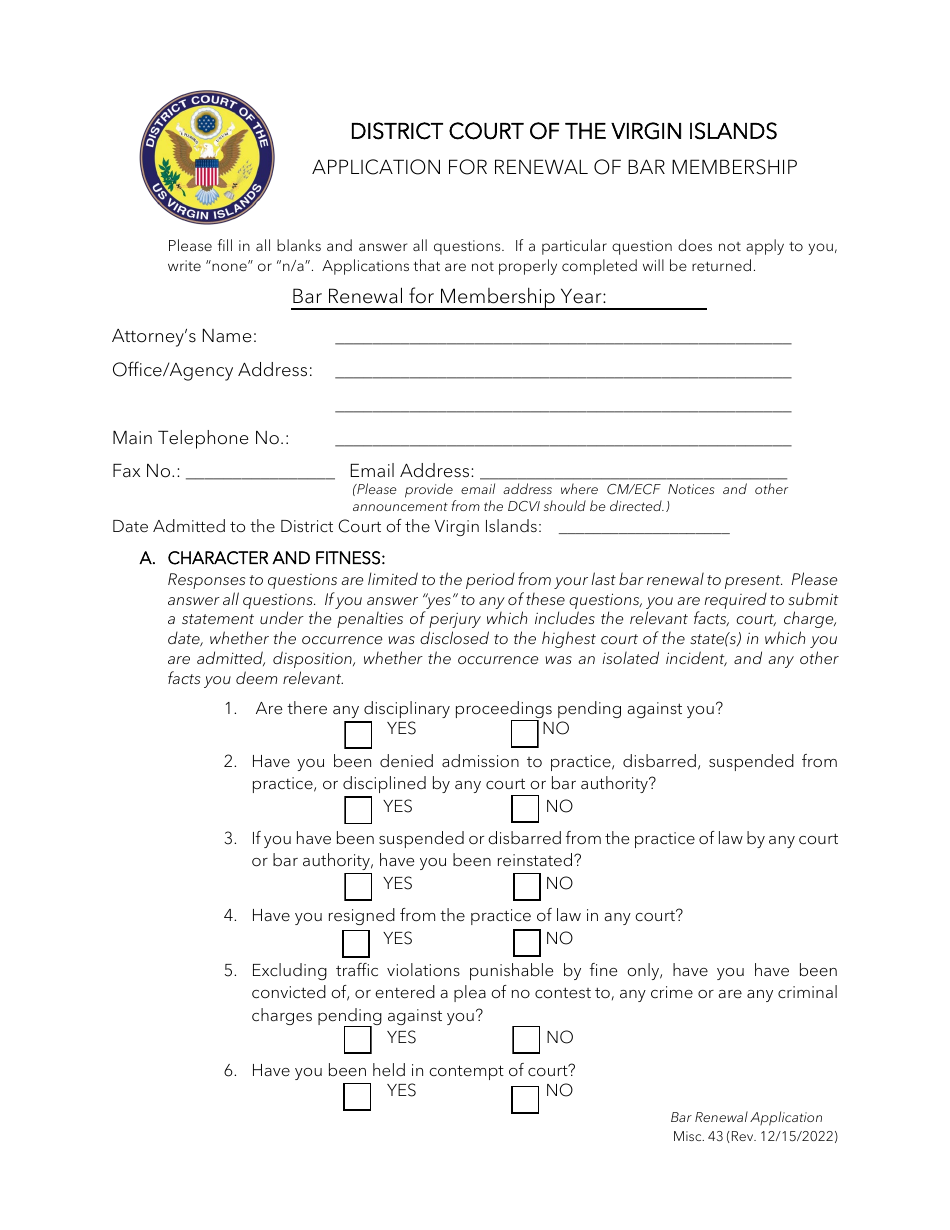 Form Misc.43 Application for Renewal of Bar Membership - Virgin Islands, Page 1