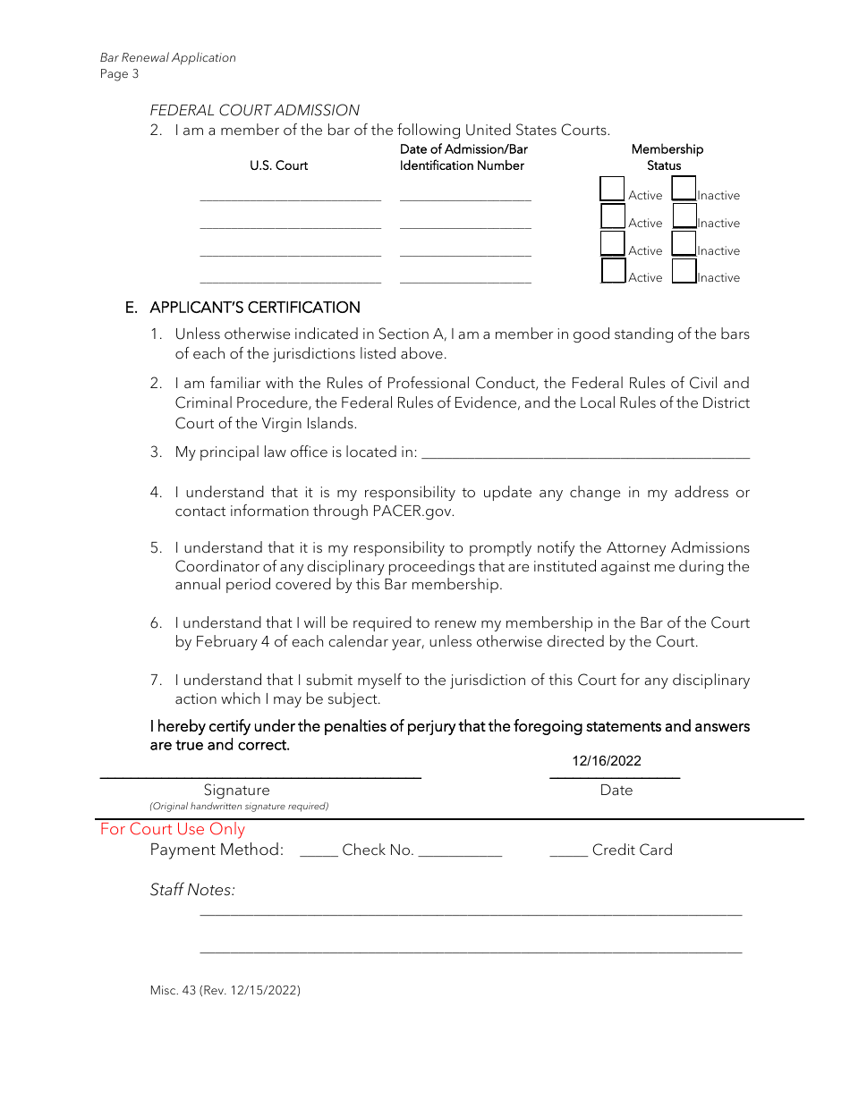 Form Misc.43 Application for Renewal of Bar Membership - Virgin Islands, Page 3