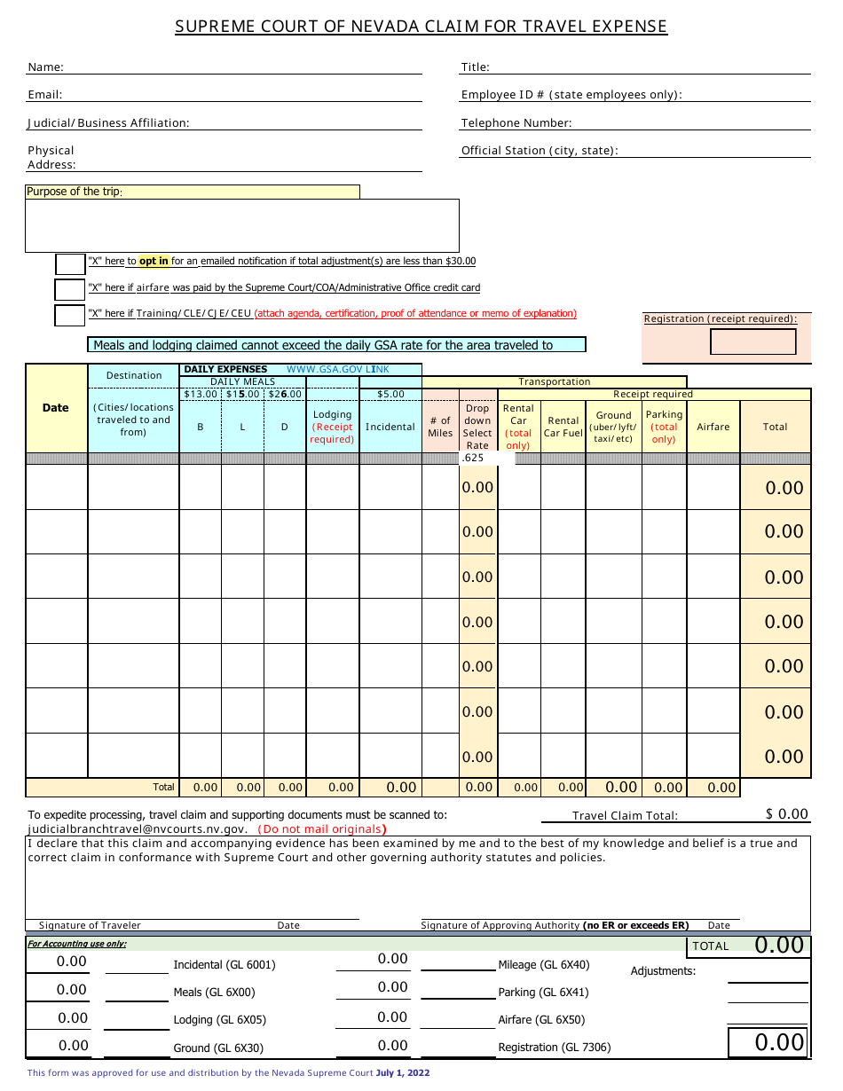 Claim Form for Travel Expense - Nevada, Page 1