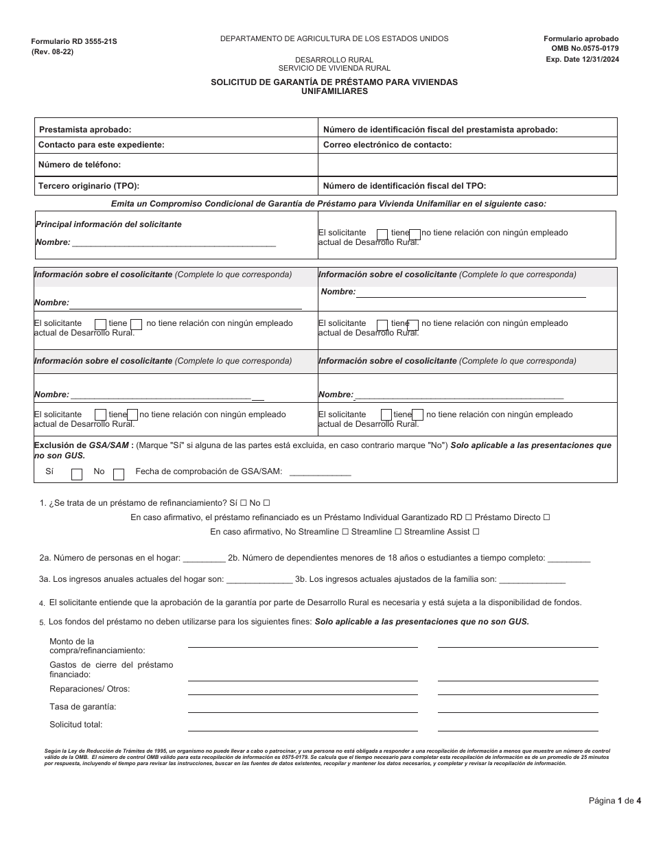 Formulario RD3555-21S Solicitud De Garantia De Prestamo Para Viviendas Unifamiliares (Spanish), Page 1
