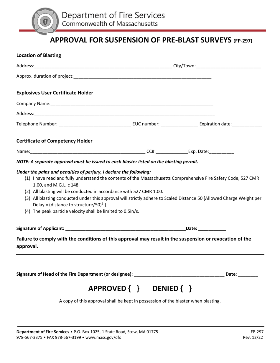 Form FP-297 Approval for Suspension of Pre-blast Surveys - Massachusetts, Page 1