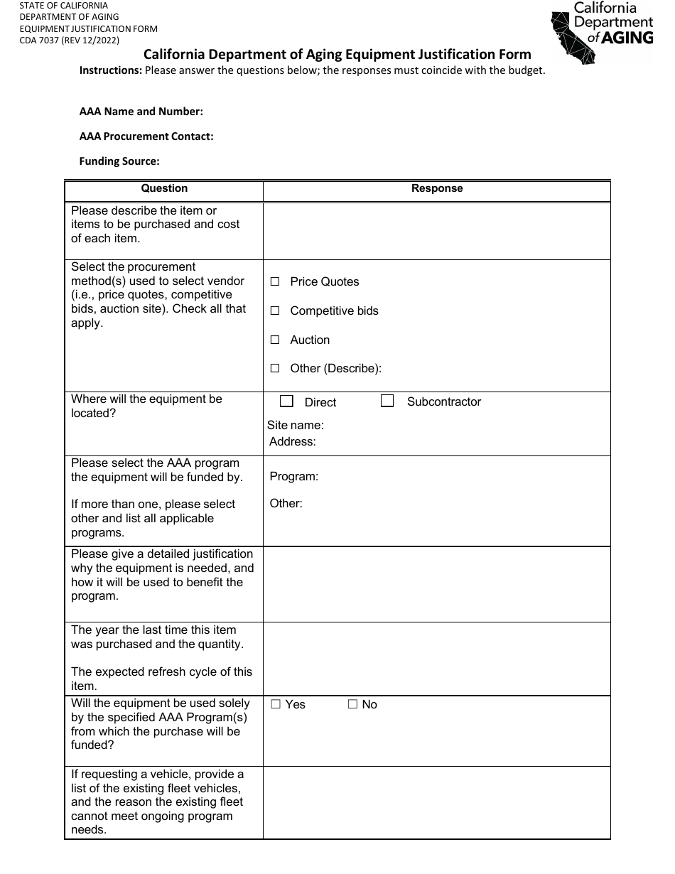 Form CDA7037 Equipment Justification Form - California, Page 1