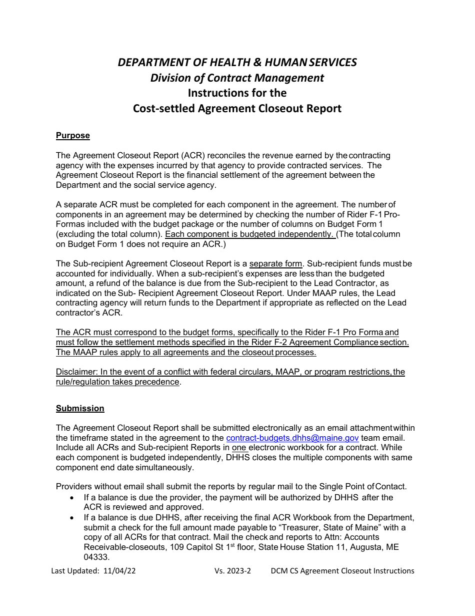 Instructions for Agreement Closeout Report - Cost Settled - Maine, Page 1