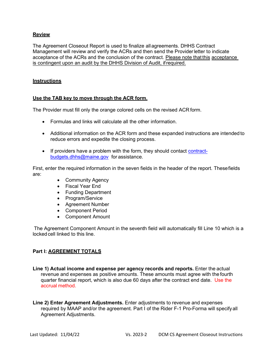 Instructions for Agreement Closeout Report - Cost Settled - Maine, Page 2