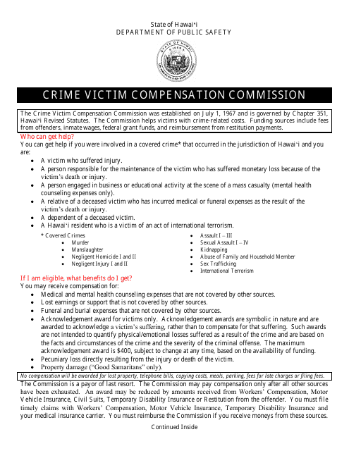 Form 1 Application Form - Crime Victim Compensation Commission - Hawaii