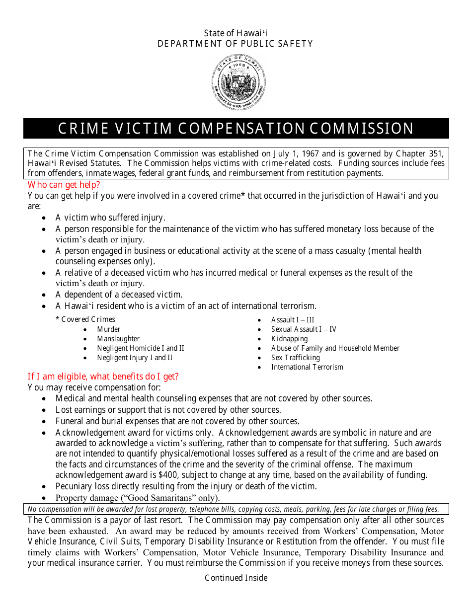 Form 1 Application Form - Crime Victim Compensation Commission - Hawaii, Page 1