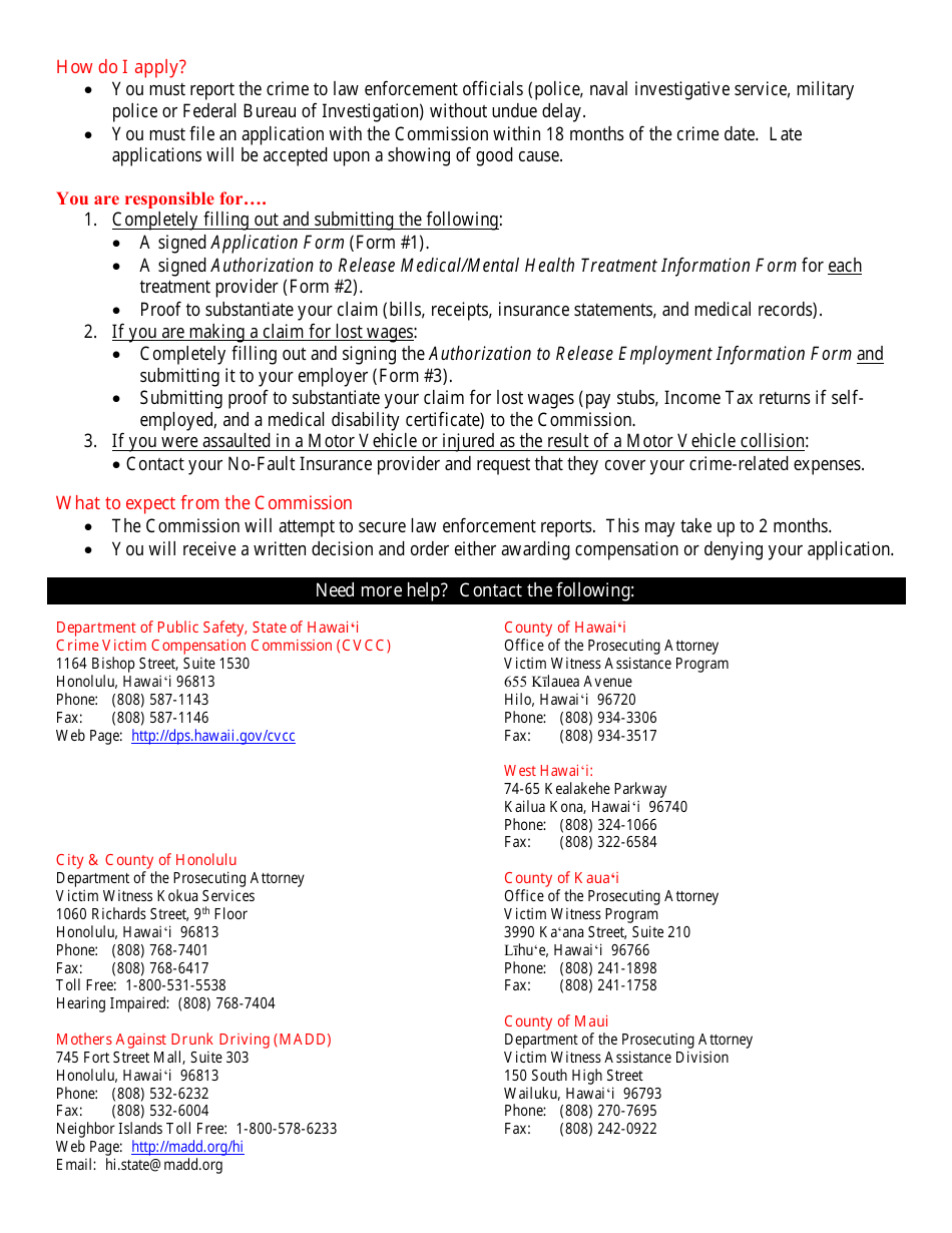 Form 1 Application Form - Crime Victim Compensation Commission - Hawaii, Page 2