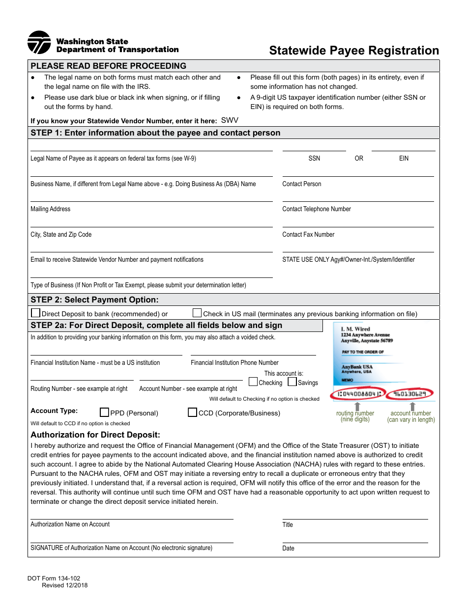 DOT Form 134-102 Statewide Payee Registration - Washington, Page 1