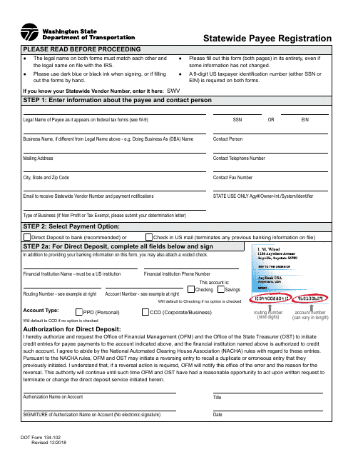 DOT Form 134-102 Statewide Payee Registration - Washington