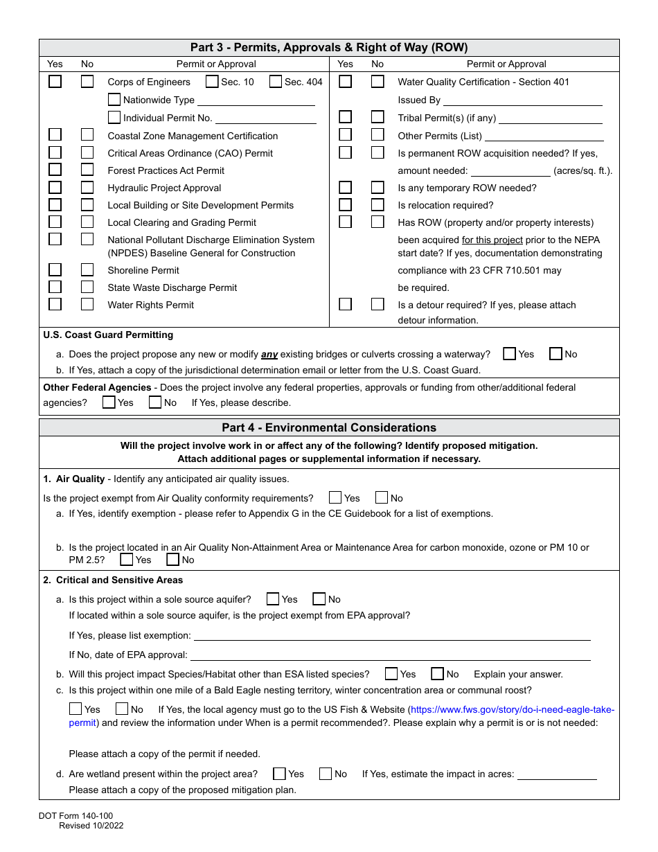 DOT Form 140-100 Nepa Categorical Exclusion Documentation Form - Washington, Page 2