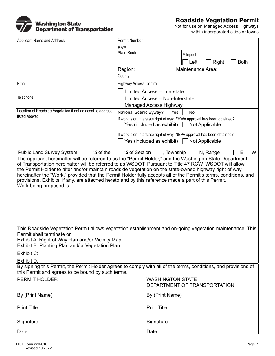 DOT Form 220-018 Roadside Vegetation Permit - Washington, Page 1