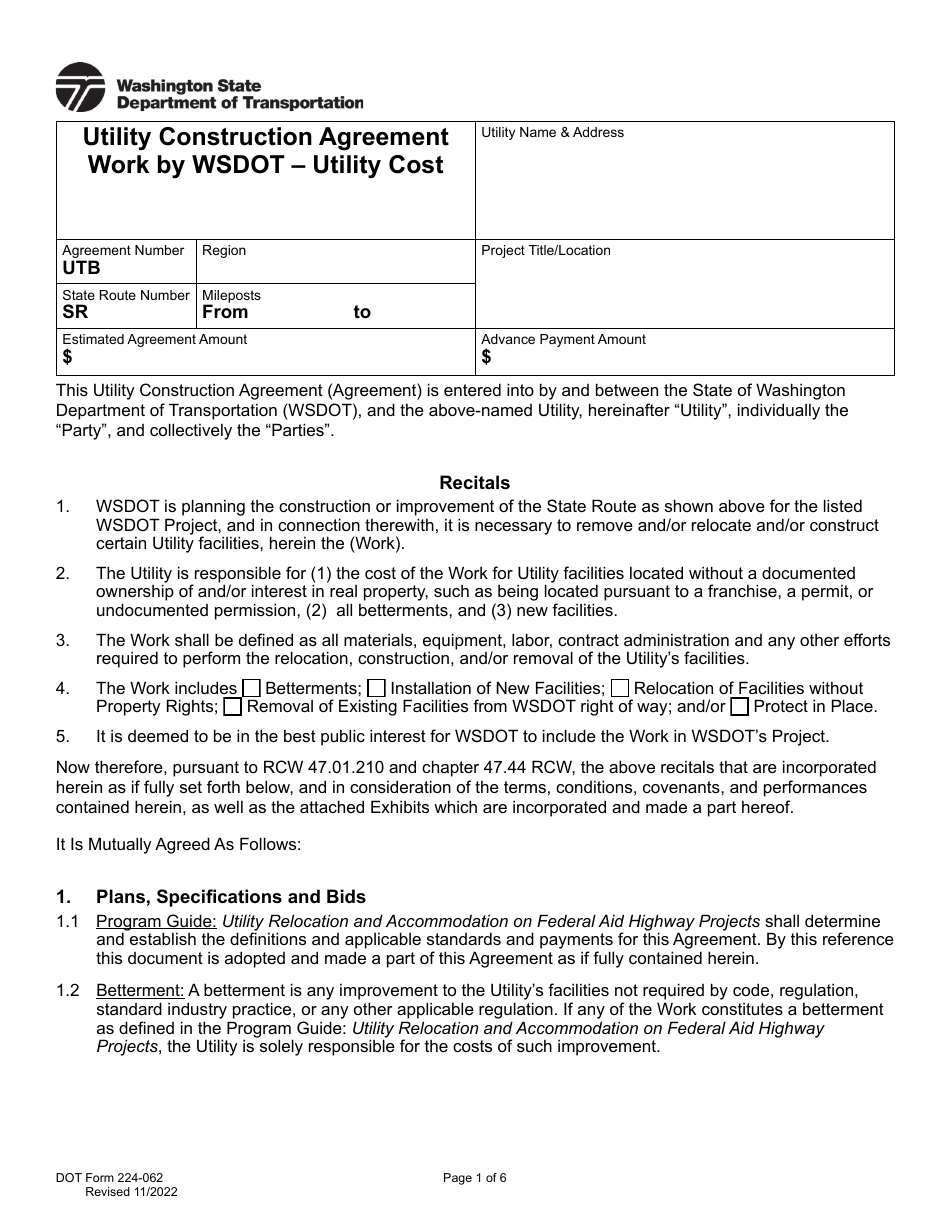 DOT Form 224-062 Utility Construction Agreement Work by Wsdot - Utility Cost - Washington, Page 1