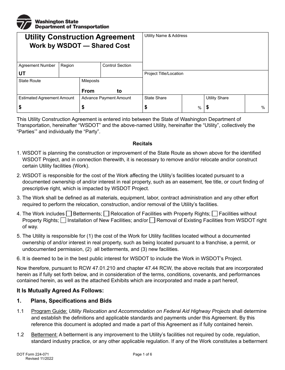 DOT Form 224-071 Utility Construction Agreement - Work by Wsdot - Shared Cost - Washington, Page 1
