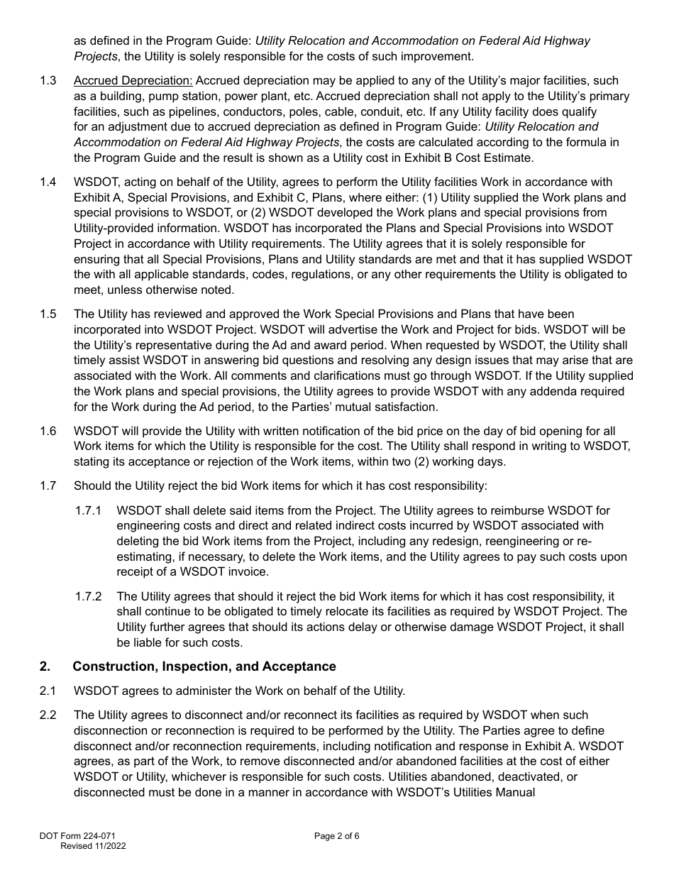 DOT Form 224-071 Utility Construction Agreement - Work by Wsdot - Shared Cost - Washington, Page 2