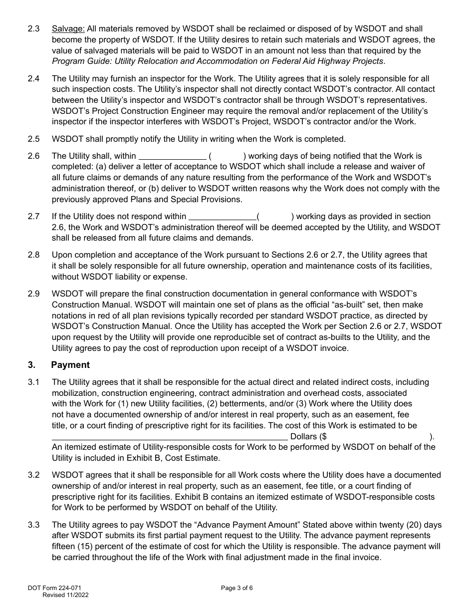 DOT Form 224-071 Utility Construction Agreement - Work by Wsdot - Shared Cost - Washington, Page 3