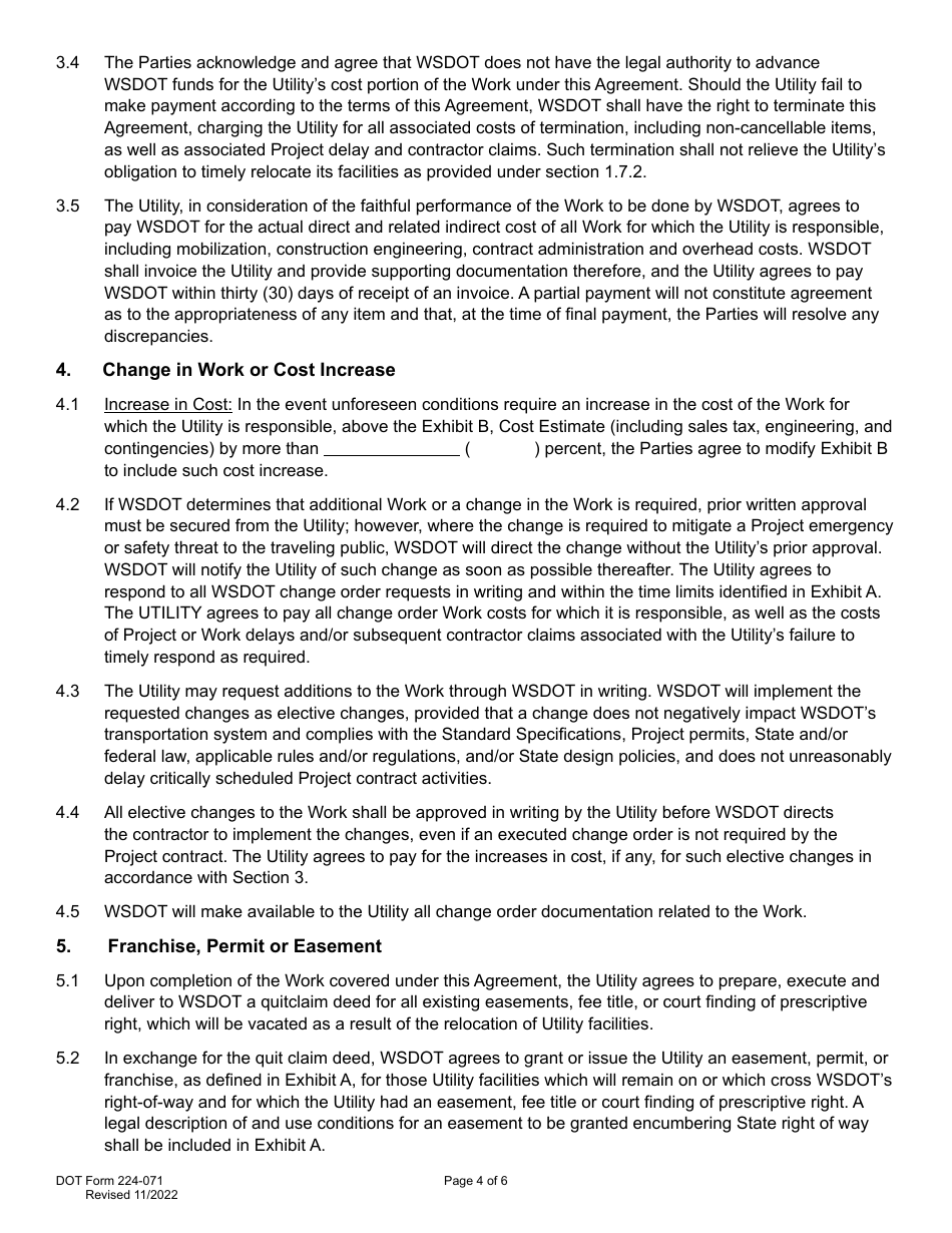 DOT Form 224-071 Utility Construction Agreement - Work by Wsdot - Shared Cost - Washington, Page 4