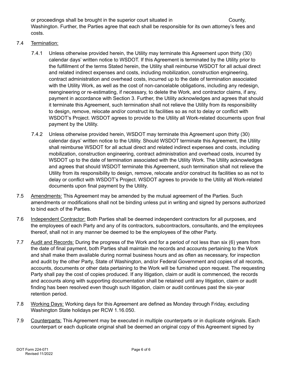 DOT Form 224-071 Utility Construction Agreement - Work by Wsdot - Shared Cost - Washington, Page 6