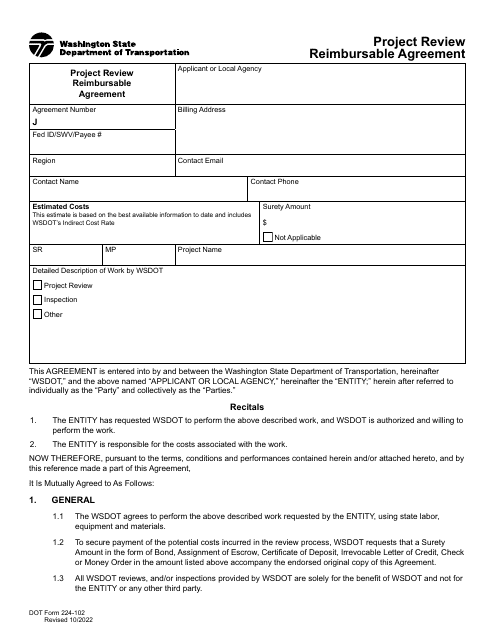 DOT Form 224-102  Printable Pdf