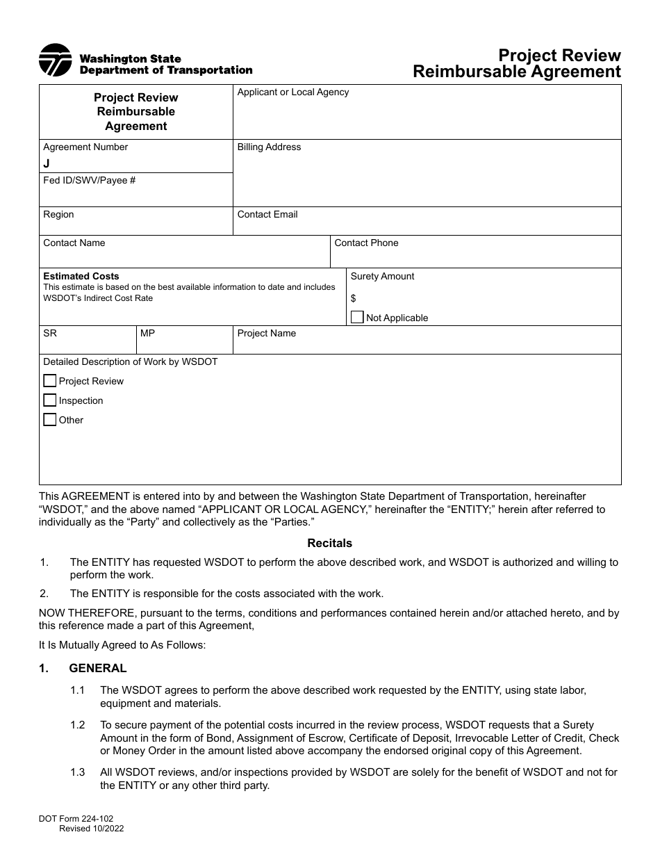 DOT Form 224-102 Project Review Reimbursable Agreement - Washington, Page 1