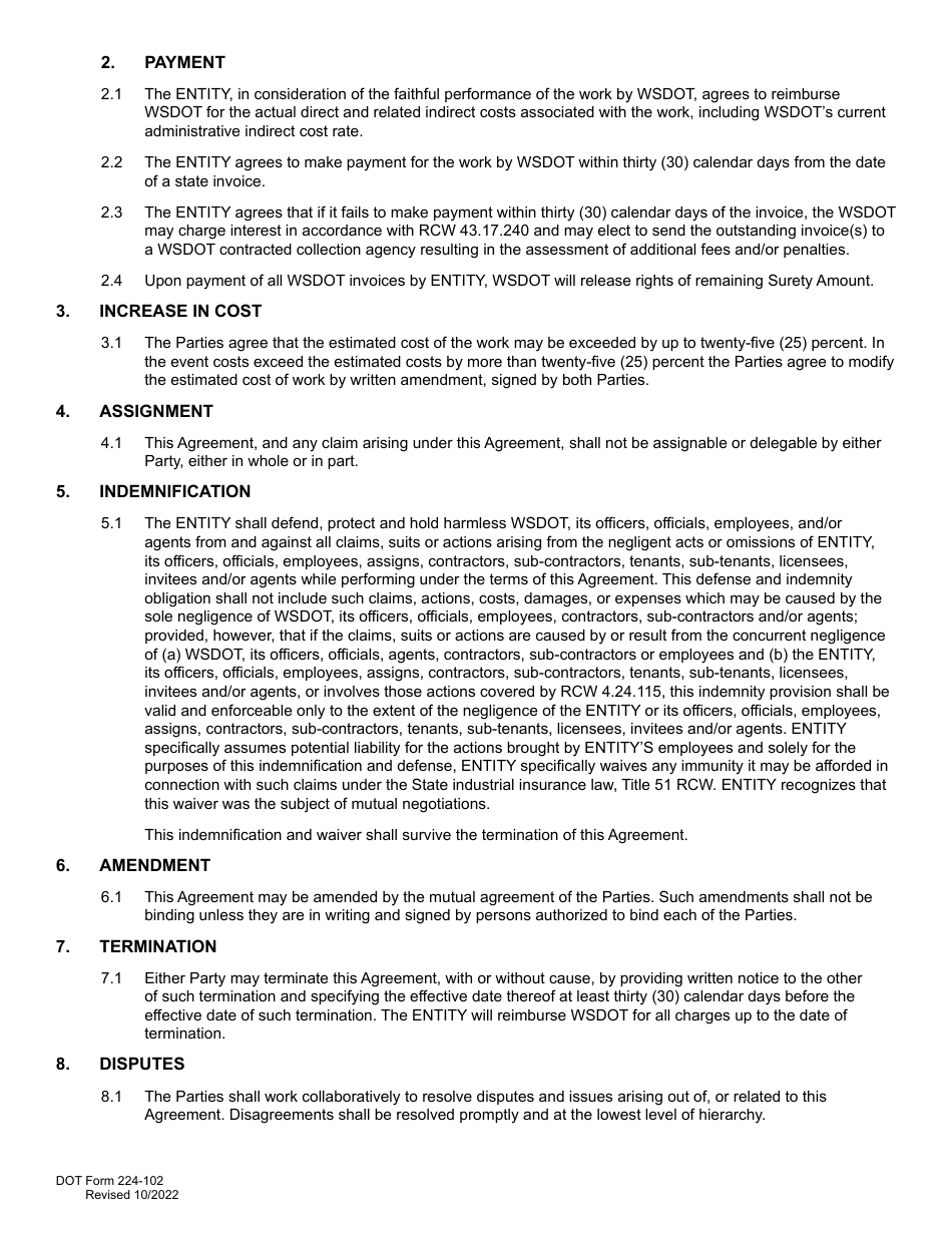 DOT Form 224-102 Project Review Reimbursable Agreement - Washington, Page 2