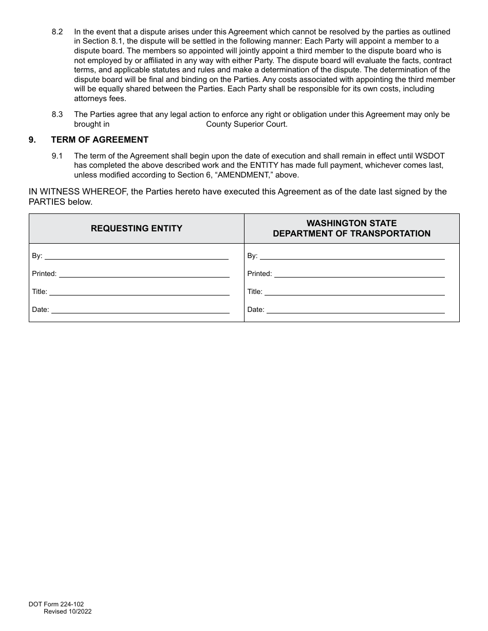 DOT Form 224-102 Project Review Reimbursable Agreement - Washington, Page 3