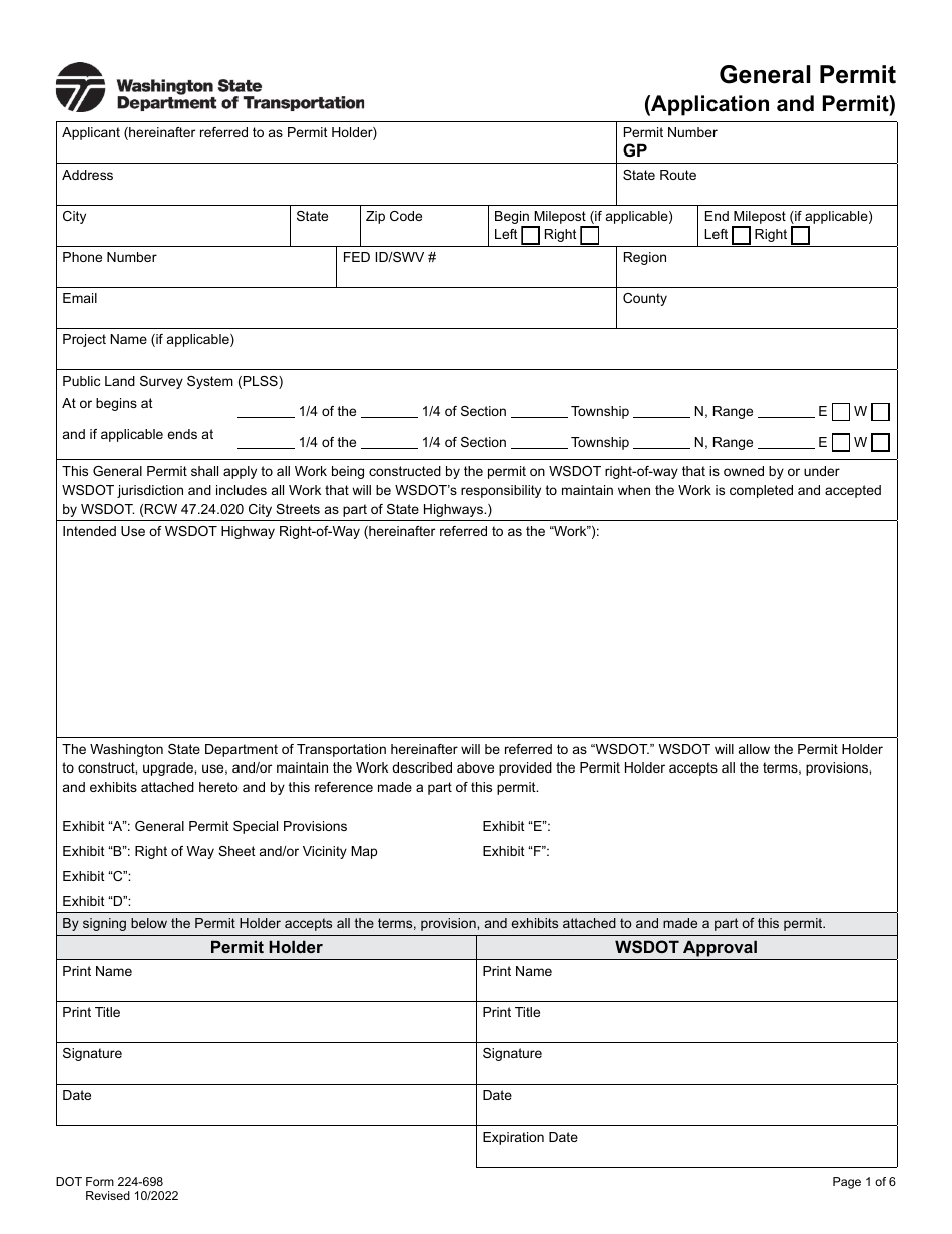 DOT Form 224-698 General Permit (Application and Permit) - Washington, Page 1