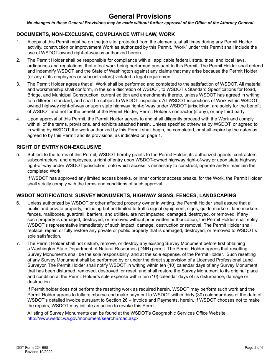 DOT Form 224-698 General Permit (Application and Permit) - Washington, Page 2