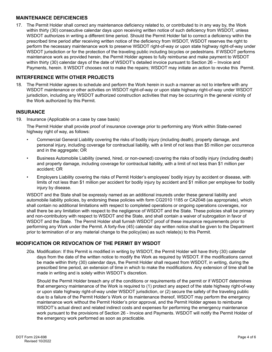 DOT Form 224-698 General Permit (Application and Permit) - Washington, Page 4