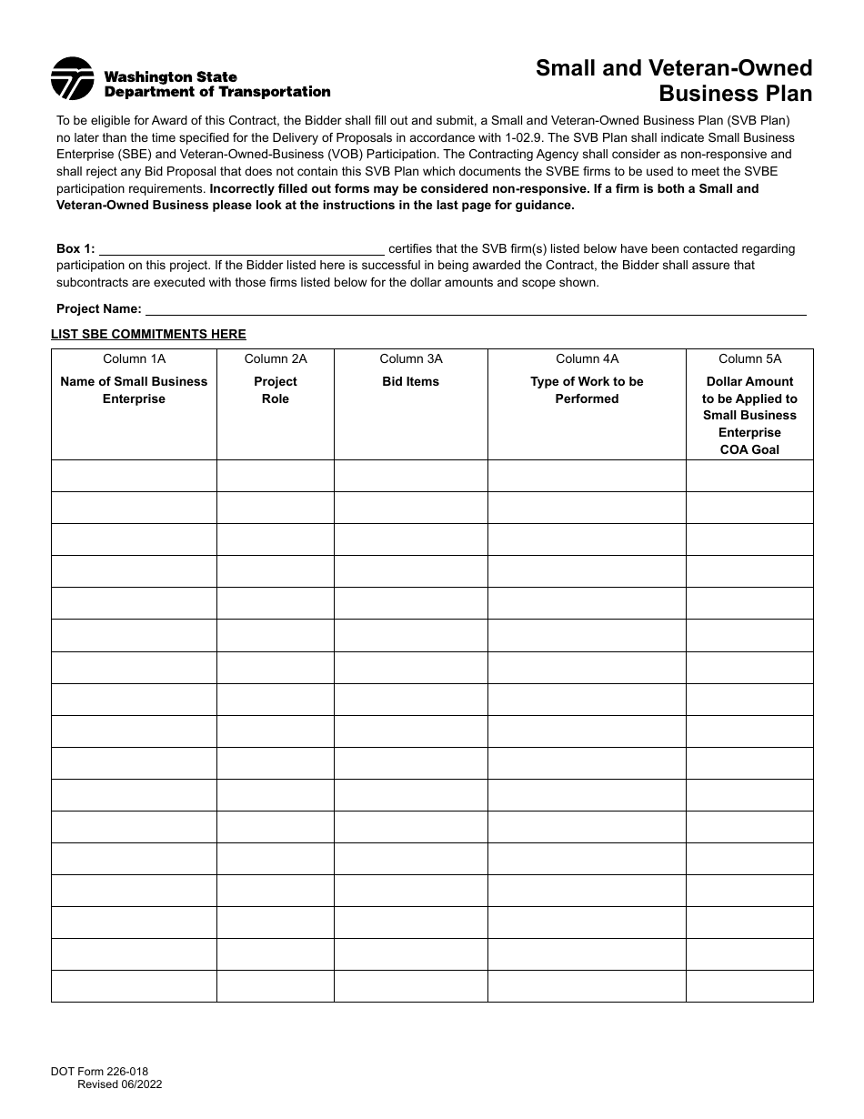 DOT Form 226-018 Small and Veteran-Owned Business Plan - Washington, Page 1