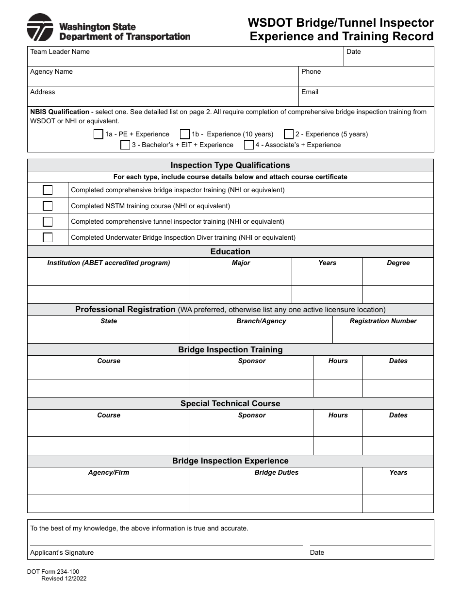 DOT Form 234-100 Wsdot Bridge / Tunnel Inspector Experience and Training Record - Washington, Page 1