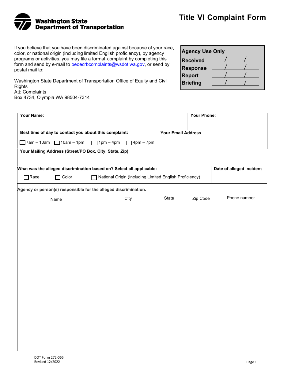 DOT Form 272-066 Title VI Complaint Form - Washington, Page 1