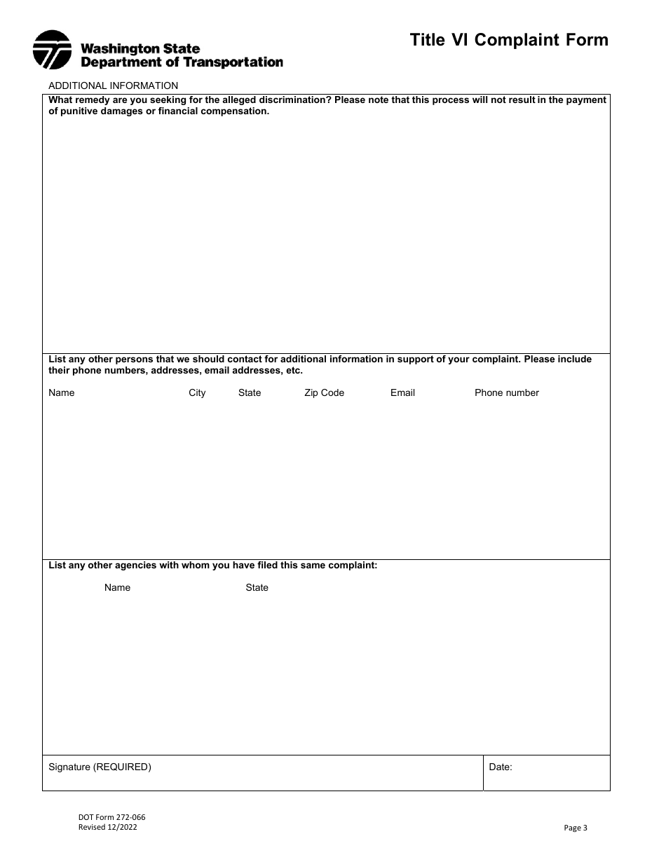 DOT Form 272-066 Title VI Complaint Form - Washington, Page 3