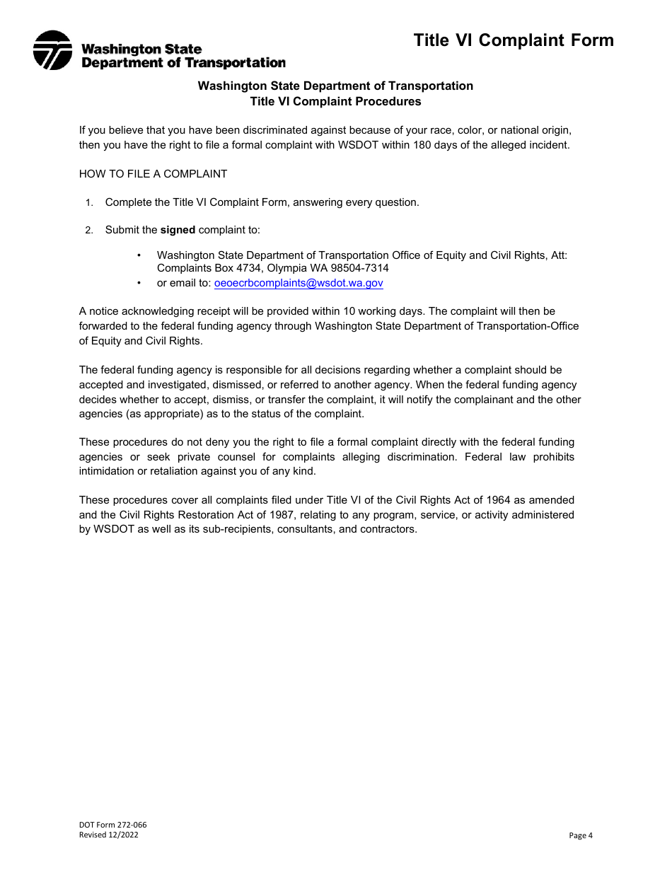 DOT Form 272-066 Title VI Complaint Form - Washington, Page 4