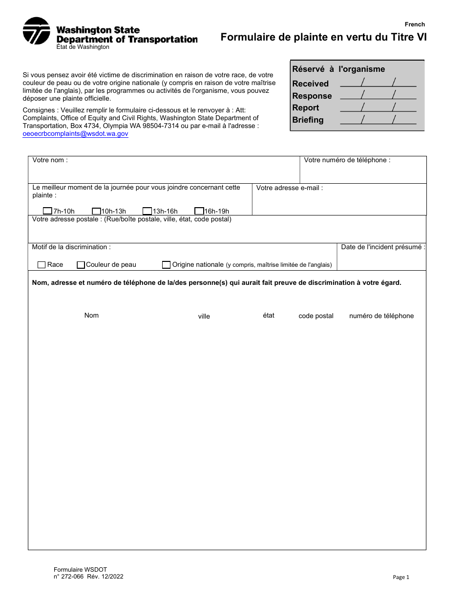 DOT Form 272-066 Title VI Complaint Form - Washington (French), Page 1