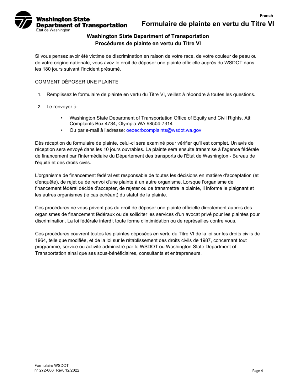 DOT Form 272-066 Title VI Complaint Form - Washington (French), Page 4