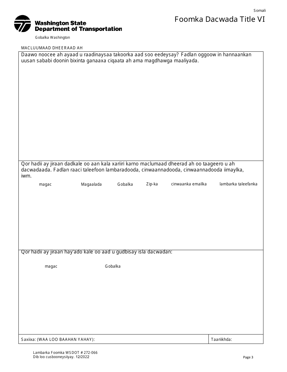 DOT Form 272-066 Title VI Complaint Form - Washington (Somali), Page 3