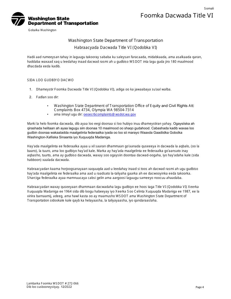 DOT Form 272-066 Title VI Complaint Form - Washington (Somali), Page 4