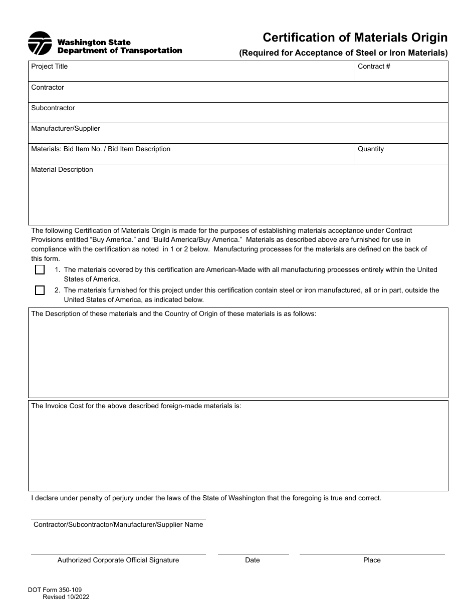 DOT Form 350-109 Certification of Materials Origin - Washington, Page 1